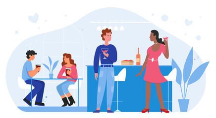 People on romantic love date in bar flat vector illustration. Cartoon happy young couple characters dating, lovers drinking wine or cocktails in nightclub bar or pub, romance meeting isolated on white