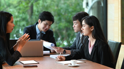 Startup business concept, Business people meeting on long table.