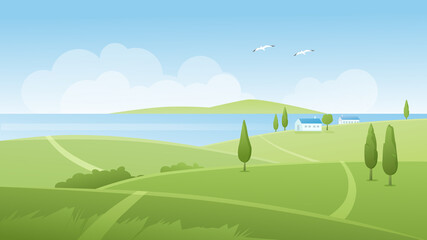 Summer river landscape vector illustration. Cartoon flat panoramic natural scenery with green grass farm fields and farmers houses on riverbank, farmland countryside nature in summertime background