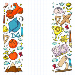 Imagination and creativity icons. School. Reading, chemistry, online education.