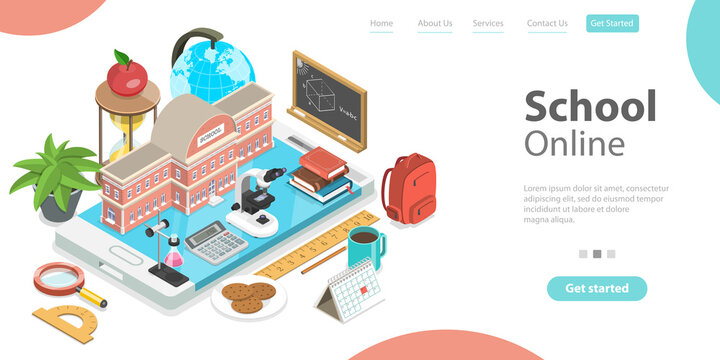 3d Online School Concept, Landing Page Template for Website, Distance Courses and E-learning, Back to Digital School.