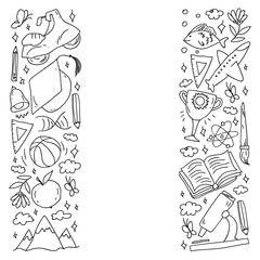 Imagination and creativity icons. School. Reading, chemistry, online education.