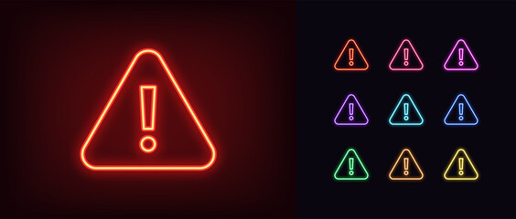 Neon warning icon. Glowing neon warning sign, exclamation mark - obrazy, fototapety, plakaty