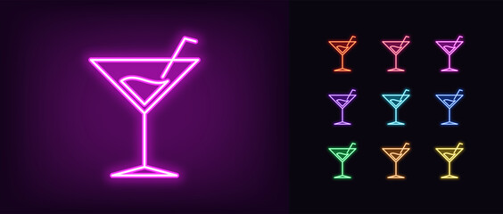 Neon cocktail drink icon. Glowing neon martini sign, cocktail party - obrazy, fototapety, plakaty