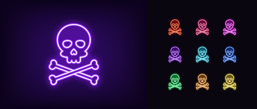 Neon jolly roger icon. Glowing neon skull with crossbones, skeleton head