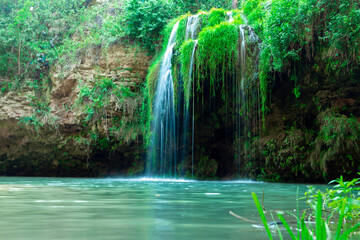 Jungle landscape with flowing turquoise water of a cascading waterfall. Burbun waterfall, Ukraine.