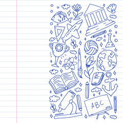Imagination and creativity icons. School. Reading, chemistry, online education.