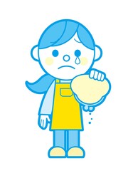 空の財布と落ち込むエプロン姿の女性 シンプルカラー