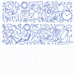 Back to school. Children online education. Chemistry and biology. Geography and physics. Creativity and imagination. E-learning icons.