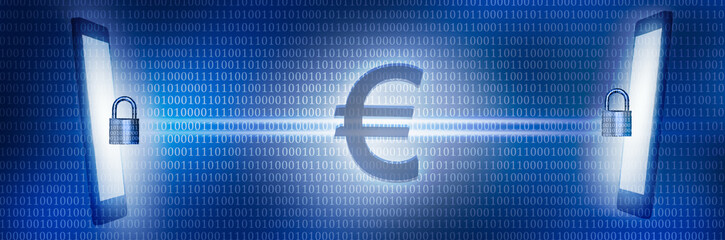 mit digitalem euro mobil bezahlen, großes euro symbol zwischen zwei mobiltelefonen in der binären...