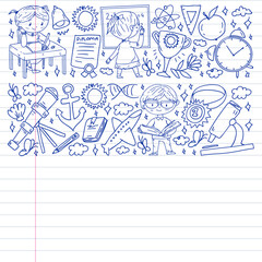 Obraz premium Back to school. Children online education. Chemistry and biology. Geography and physics. Creativity and imagination. E-learning icons.