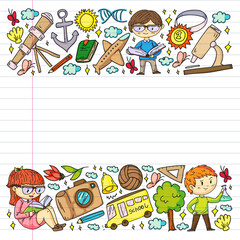 Fototapeta premium Back to school. Children online education. Chemistry and biology. Geography and physics. Creativity and imagination. E-learning icons.