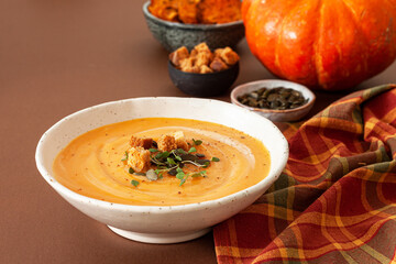 Cream of Pumpkin and sweet potato soup with seeds 