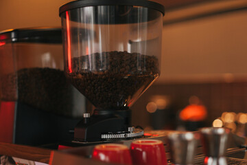 coffee beans in a glass container in a coffee shop