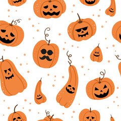 Vector seamless pattern with jack-o-lanterns. Halloween party background with funny pumpkin lanterns. Scary digital paper for Autumn Samhain party. All saints day texture..