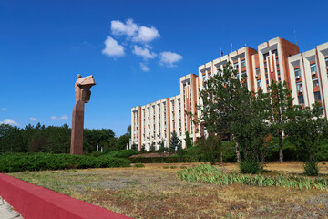 Tiraspol, Transnistria, Moldova - August 25, 2020: downtown, government building and presidential Palace, monument to Lenin