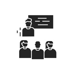 Workshop black glyph icon. Tutor, educator, teacher. Group training. Pictogram for web page, mobile app. UI UX GUI design element.