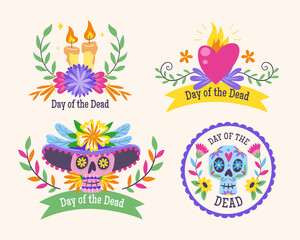 Day of Dead (Día de Muertos) Labels. Cartoon Mexican labels with text in English. Cute vector Illustration.