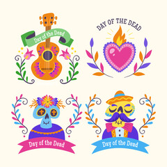Day of the Dead (Día de los Muertos) Labels. Cartoon Mexican labels with text in English. Cute vector Illustration.