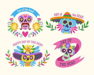 Day of the Dead (Día de los Muertos) Labels. Cartoon Mexican labels with text in English. Cute vector Illustration.