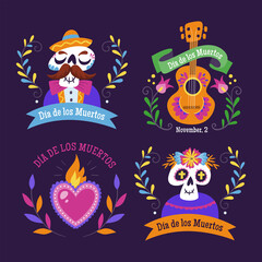 Day of the Dead (Día de los Muertos) Labels. Cartoon Mexican labels with text in Spanish. Cute vector Illustration.