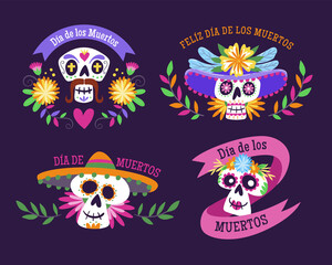 Day of the Dead (Día de los Muertos) labels. Cartoon Mexican labels with text in Spanish. Cute vector Illustration.