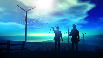 Fototapeta na wymiar Engineers design the construction of wind farms.
