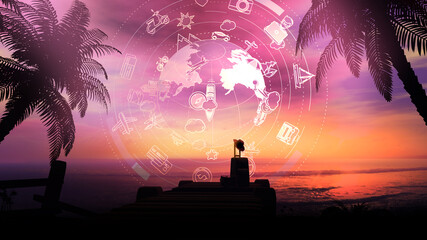 Lonely suitcase on a tropical sunset background and infographics.