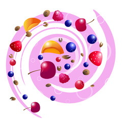 Bright and juicy pieces of fruit, berries and muesli, for a healthy and delicious diet. Vector isolated on a white background.