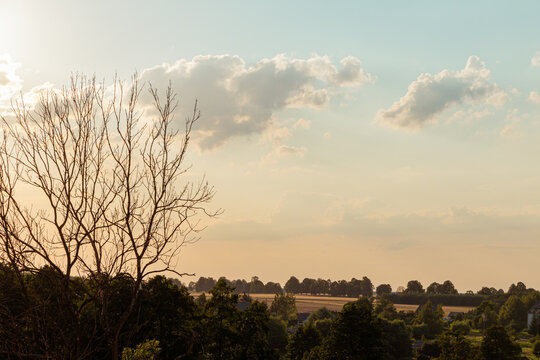 Beautiful sunset landscape in Poland. Clouds on the sunset sky.