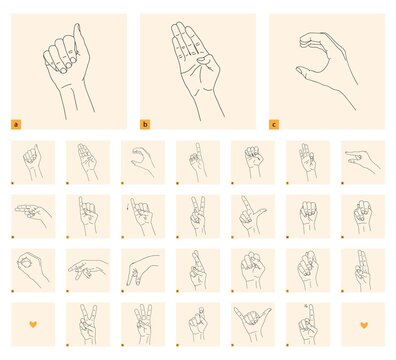 A set of isolated gestures for the deaf and dumb. Black linear drawing on a light background. Black and white drawing of a hand. Deaf and dumb language. Stock vector illustration. Cards to study