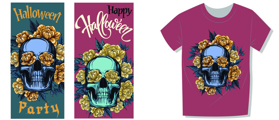 halloween party design set, metal skull with golden roses floral wreath, print template for t-shirt or poster or postcard. skull as decor with flowers