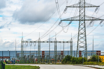 Electricity pylons in the transformer substation at the interim storage facility of the former...