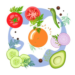 Fried eggs with vegetables and herbs, the Breakfast. The view from the top. Vector isolated image on a white background. For menu design, posters, and publication design.