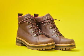 New womens leather brown waterproof winter boots on yellow background