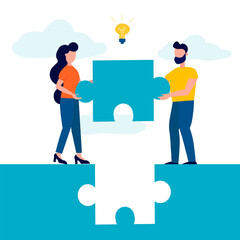 People connecting puzzle elements. Symbol of teamwork, partnership, cooperation. Problem solution search concept. Vector illustration