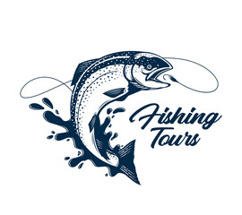 Vector fishing tours logo with salmon fish, fishing line, hook, and water splash. Fishing tournament, tour, and camp illustrations
