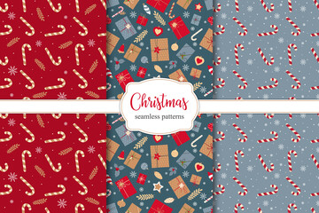 Set of festive christmass seamless patterns with Christmas gifts, candies and Christmas decorations