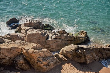 Fototapeta na wymiar Birds on huge rocks, bordered by the Mediterranean Sea with transparent waters