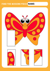 Find the missing piece and complete the picture. Puzzle for children. animal theme. little Butterfly. An event for preschool children. Educational and logical game for children. A4 paper
