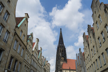 Prinzipalmarkt with Typical Gabled Houses and Tip of Lamberti Church in Münster, Germany
