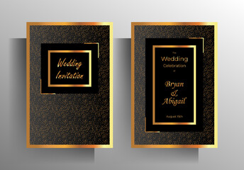Design wedding invitation template set. The gold shimmery dotted texture on black background. Vector 10 eps.