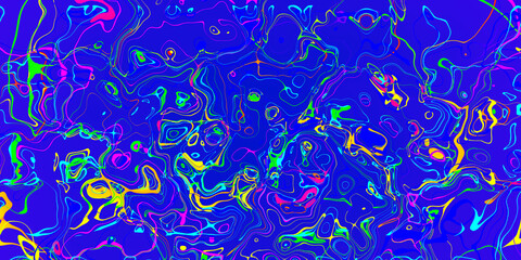 Abstract pink yellow and red lines wavy stripes on blue background.
