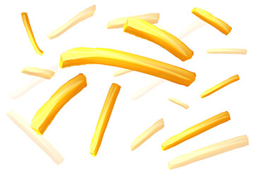 Falling french fries. Fast food banner. 3d realistic snack. Stock vector illustration isolated on white background. 