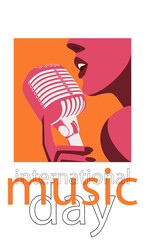 bright music-themed banner for the international day of music. Image of a beautiful girl singing into a microphone in the trending colors of autumn. EPS10