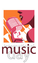 bright music-themed banner for the international day of music. Image of a beautiful girl singing into a microphone, musical instrument and a cassette in the trending colors of autumn. EPS10