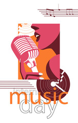 bright music-themed banner for the international day of music. Image of a beautiful girl singing into a microphone in the trending colors of autumn. EPS10