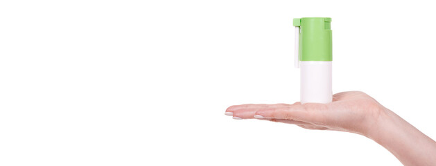 Hand with medical throat spray, medicine aerosol antibiotic. Isolated on white background, copy space template, banner.