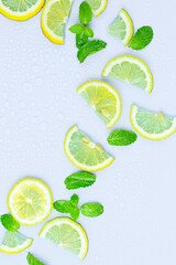 Top view of citrus slices and mint herbs frame on retro mint pastel background with copyspace. Minimal fruit concept design.