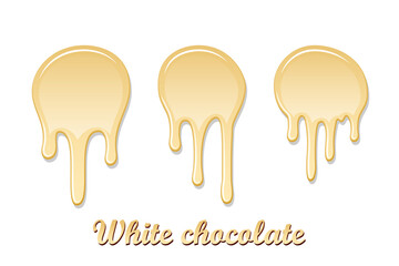 White chocolate drip splash set. Chocolate liquid blot isolated on background. Shape melt dessert spot. 3D realistic stain element. Food decoration. Milk, dark chocolate splashing. Vector illustration